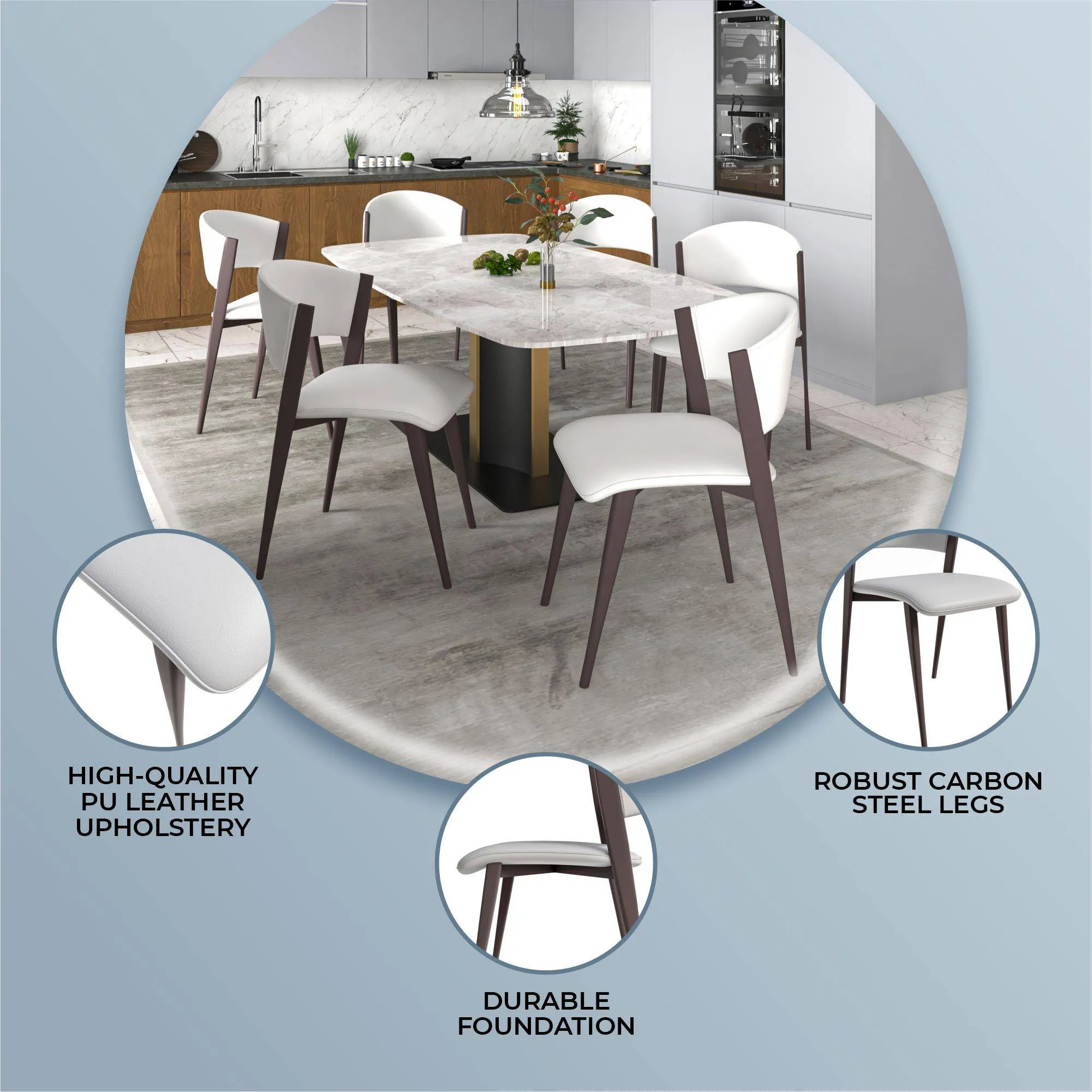 Aspen Dining Chairs Upholstered in Leather Kitchen Room Chairs with Metal Legs Set of 4
