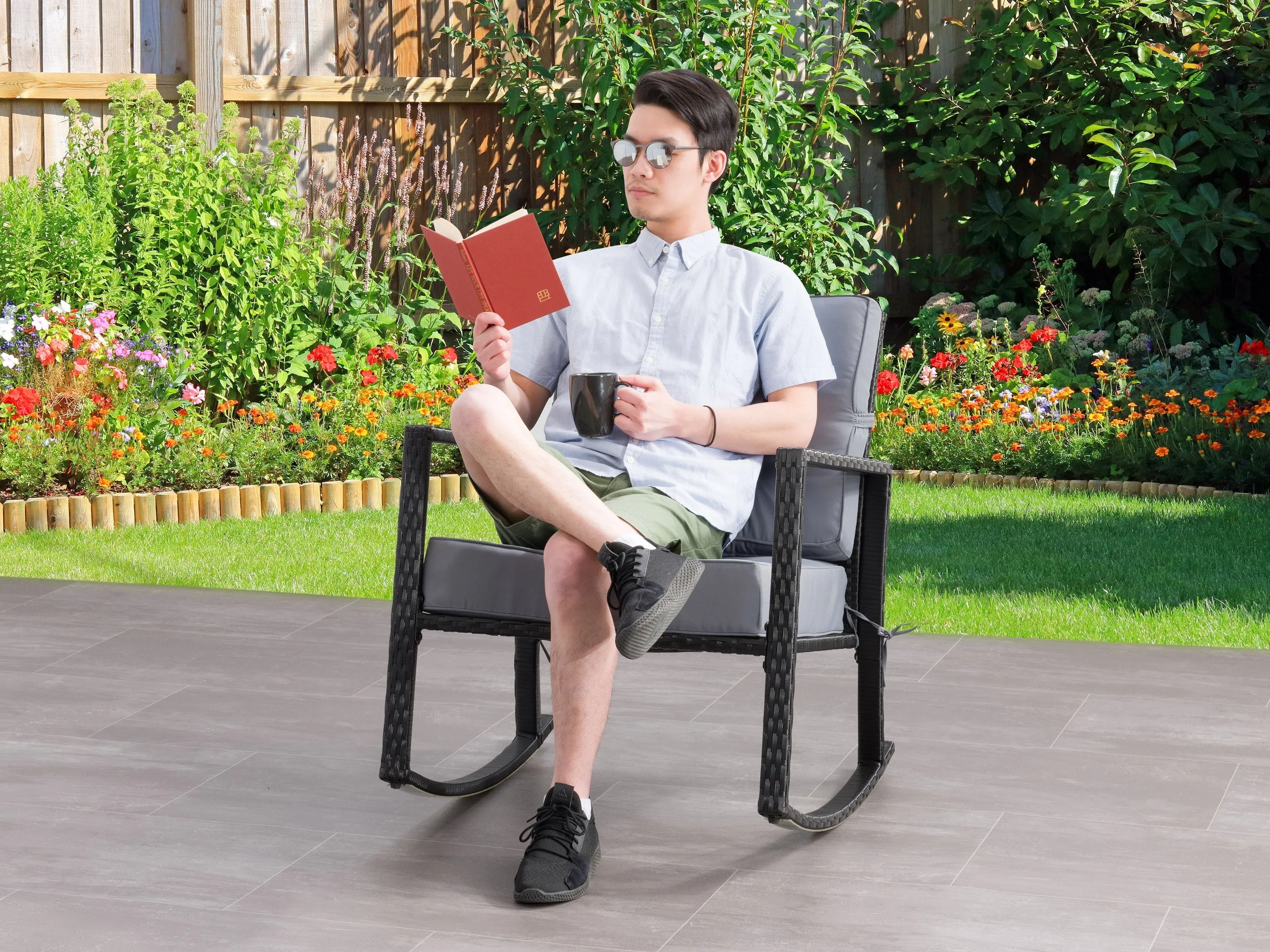 Black and Grey Wicker Outdoor Rocking Chair