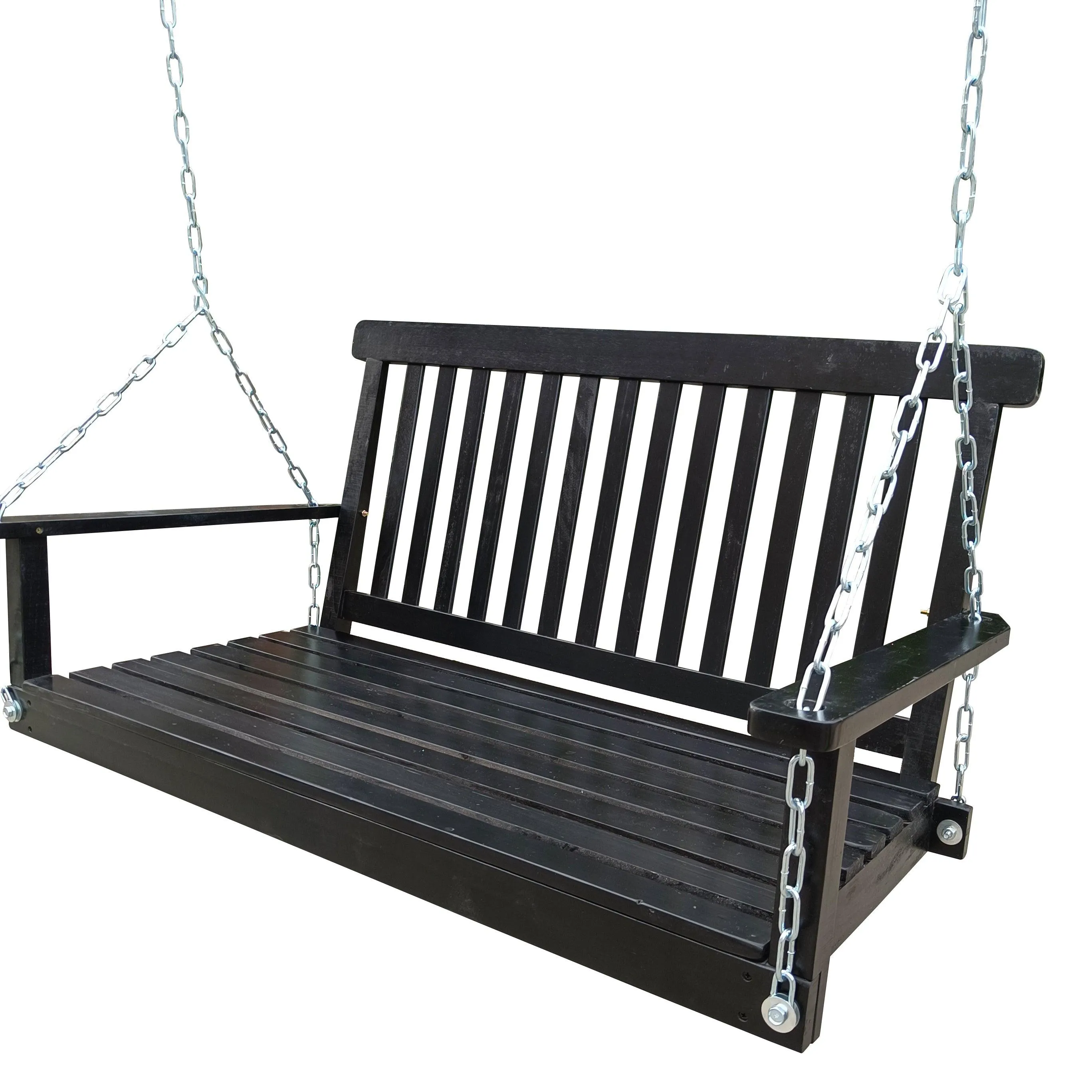 Black Front Porch Swing with Armrests and Hanging Chains, Easy to Assemble