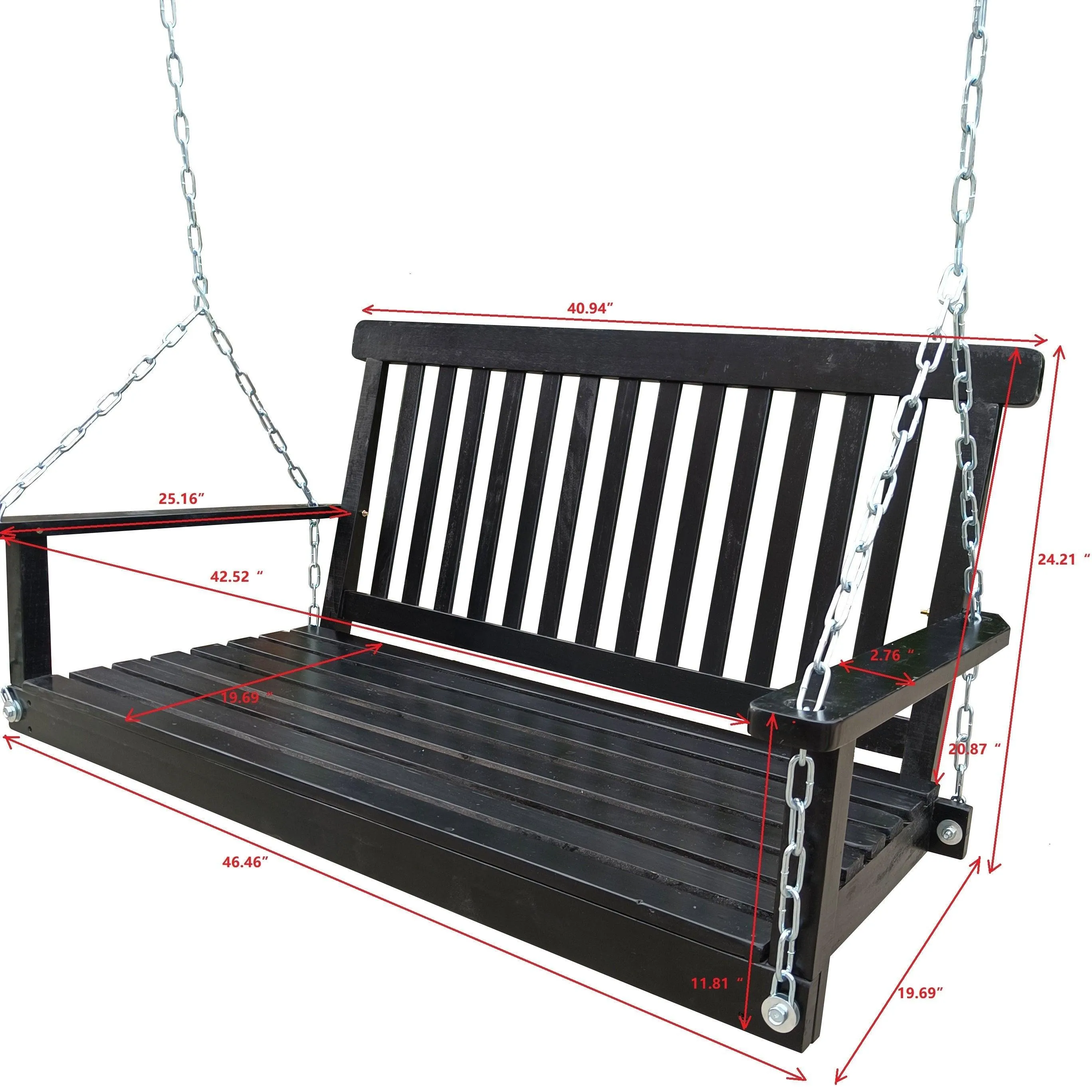 Black Front Porch Swing with Armrests and Hanging Chains, Easy to Assemble