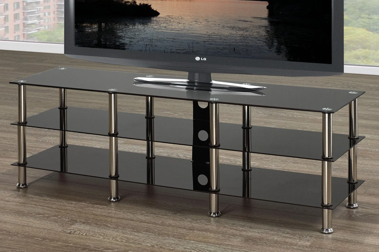 Black Glass TV Stand With 3 Shelves and Chrome Legs
