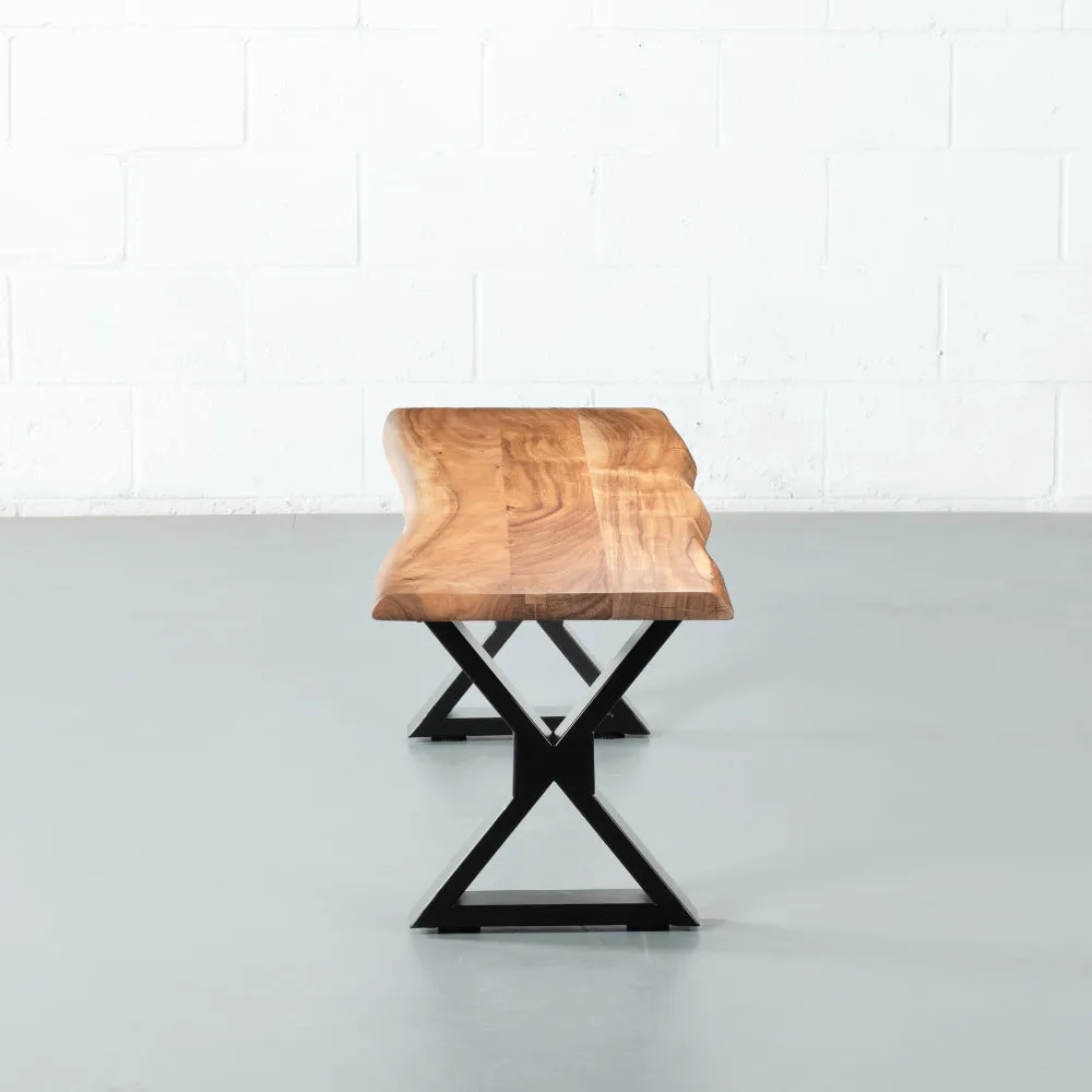 DANTON - Acacia Live Edge Bench 3.5cm Thickness Top with X Black Legs