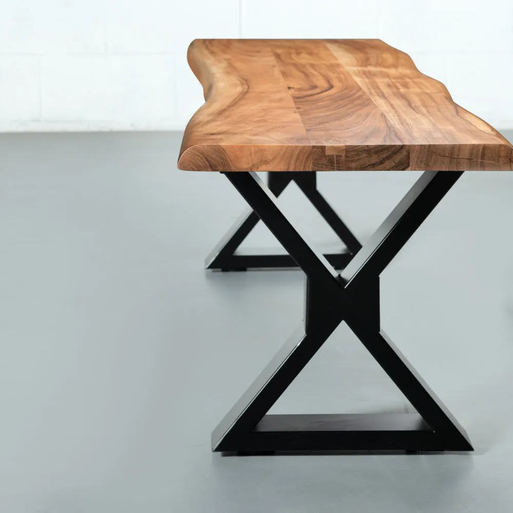 DANTON - Acacia Live Edge Bench 3.5cm Thickness Top with X Black Legs