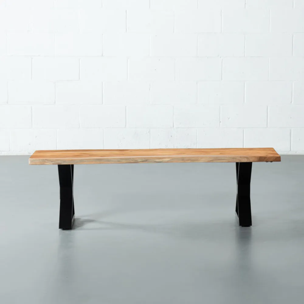 DANTON - Acacia Live Edge Bench 3.5cm Thickness Top with X Black Legs