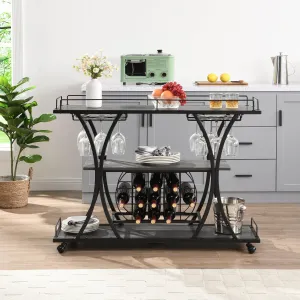 Dark Blue Kitchen Island Cart, Solid Wood Top, Storage Cabinet, Locking Wheels