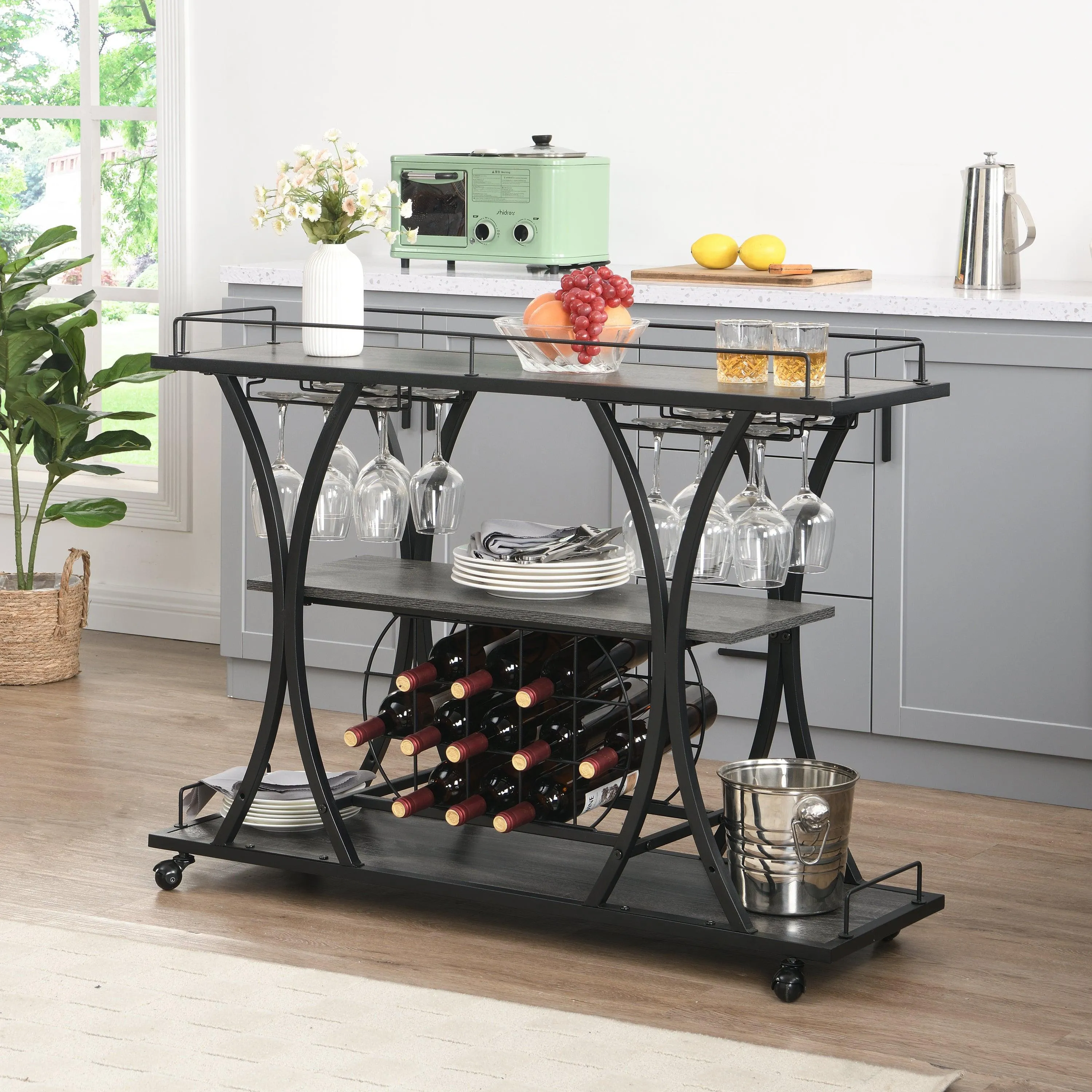Dark Blue Kitchen Island Cart, Solid Wood Top, Storage Cabinet, Locking Wheels