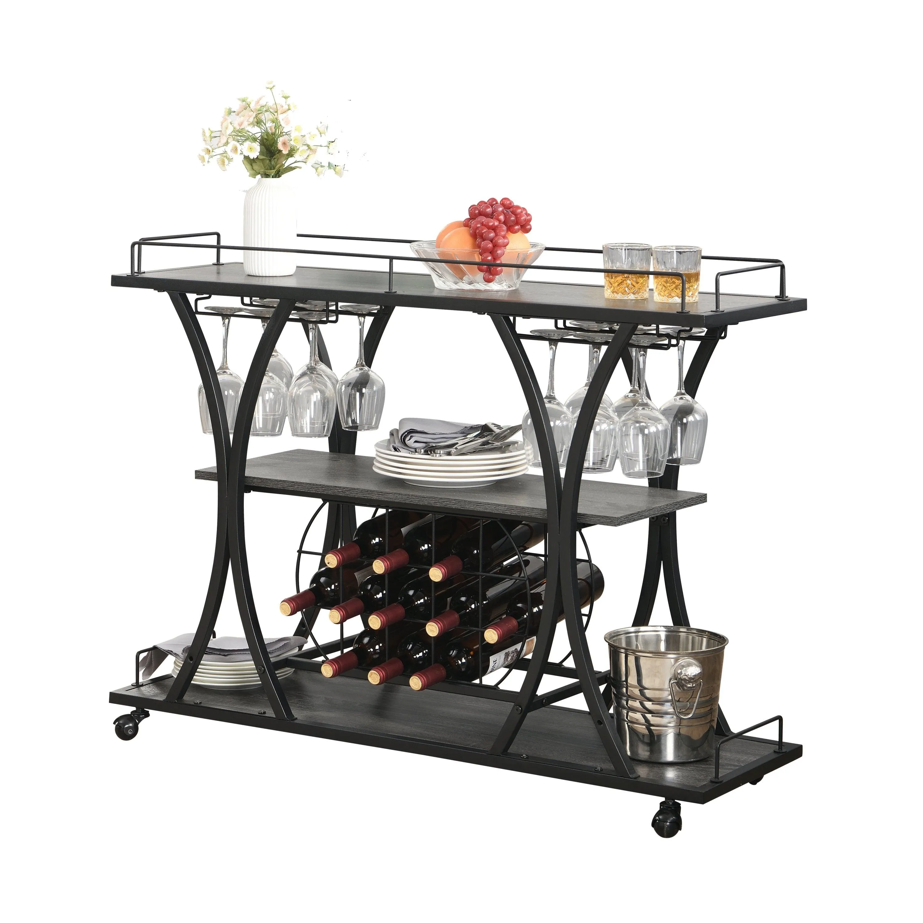 Dark Blue Kitchen Island Cart, Solid Wood Top, Storage Cabinet, Locking Wheels