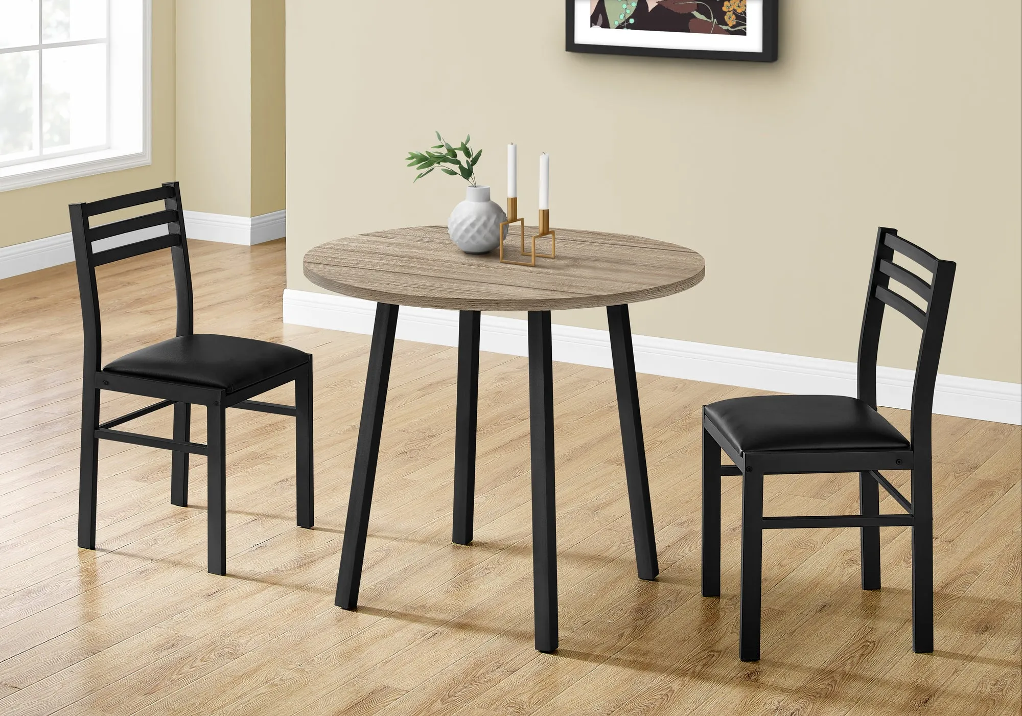 Dining Table Set, 3pcs Set, Small, 35" Drop Leaf, Kitchen, Black Metal, Brown Laminate, Contemporary, Modern