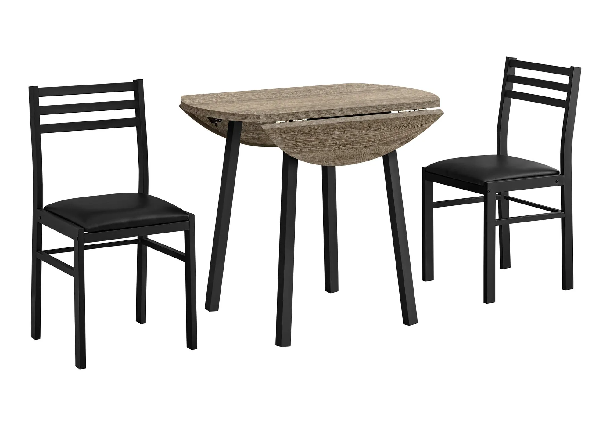 Dining Table Set, 3pcs Set, Small, 35" Drop Leaf, Kitchen, Black Metal, Brown Laminate, Contemporary, Modern