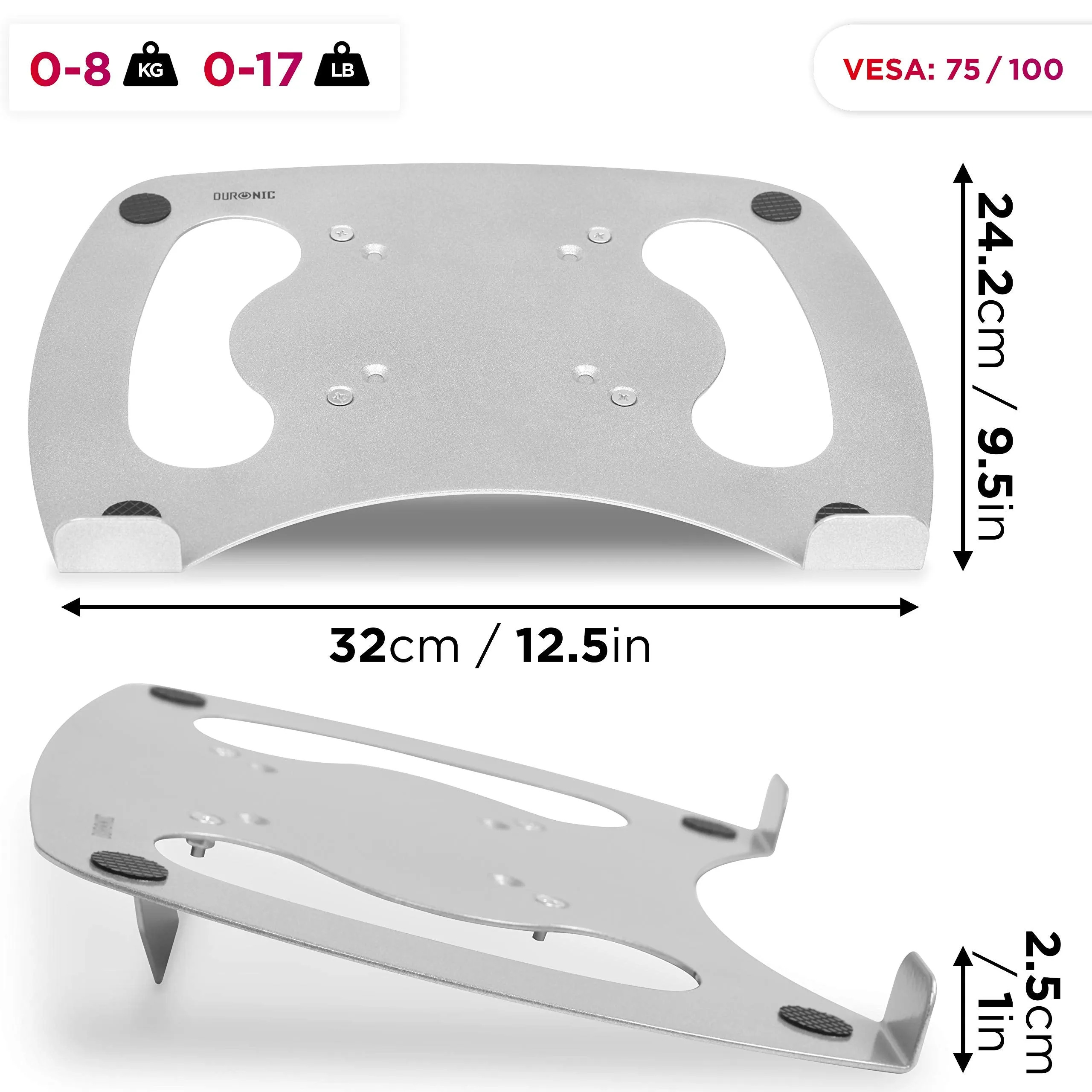 Duronic Laptop Attachment DML1 /SR | SILVER Desk Mount Support Tray for Laptop/Tablet/MacBook | VESA 75/100 | 8kg Capacity | Compatible with DM15 DM25 DM35 DM45 DM55 DM65 DMUSB DMDC DMG Monitor Stands
