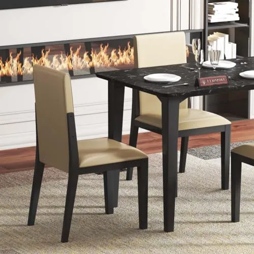 ELMSPIRE Brianna Solid Wood 4 Seater Dining Room Set for Home, Living Room - Elegant Dining Table and Four Luxuriously Cushioned Chairs - Contemporary Design in Classic Black Finish