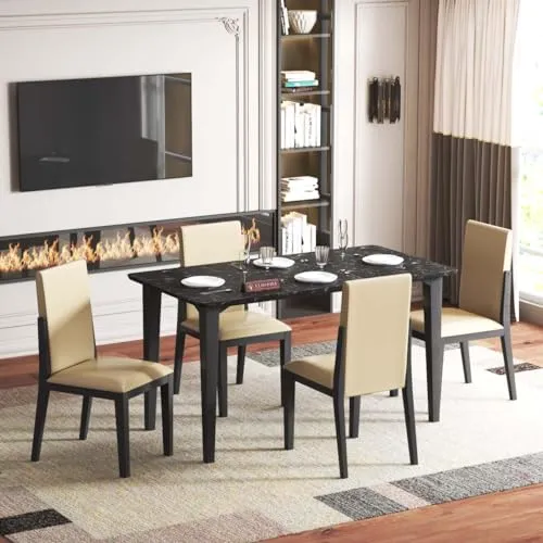 ELMSPIRE Brianna Solid Wood 4 Seater Dining Room Set for Home, Living Room - Elegant Dining Table and Four Luxuriously Cushioned Chairs - Contemporary Design in Classic Black Finish