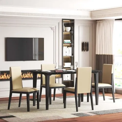 ELMSPIRE Brianna Solid Wood 4 Seater Dining Room Set for Home, Living Room - Elegant Dining Table and Four Luxuriously Cushioned Chairs - Contemporary Design in Classic Black Finish
