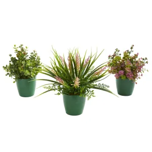 Eucalyptus, Grass and Sedum Artificial Plant in Green Planter (Set of 3)