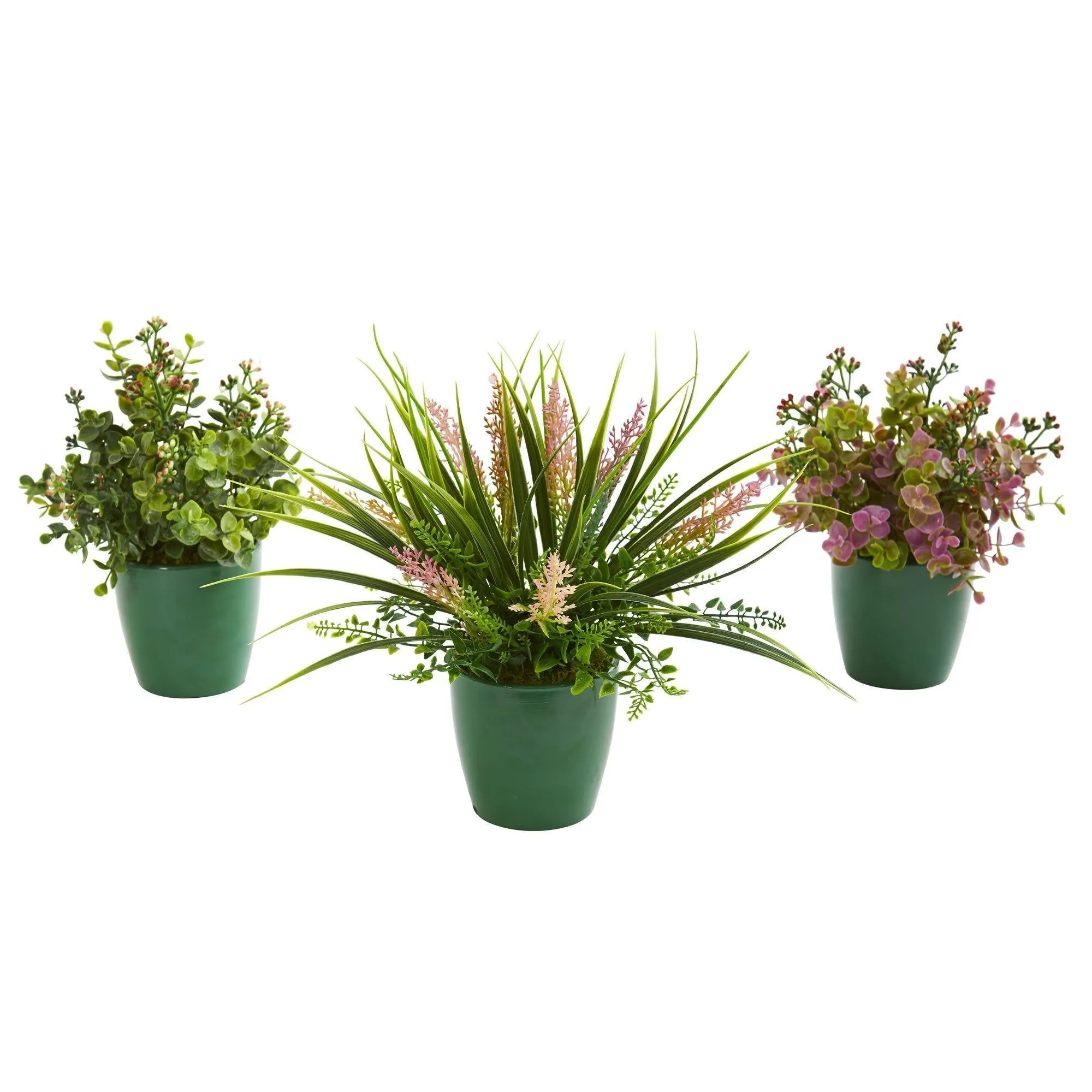 Eucalyptus, Grass and Sedum Artificial Plant in Green Planter (Set of 3)