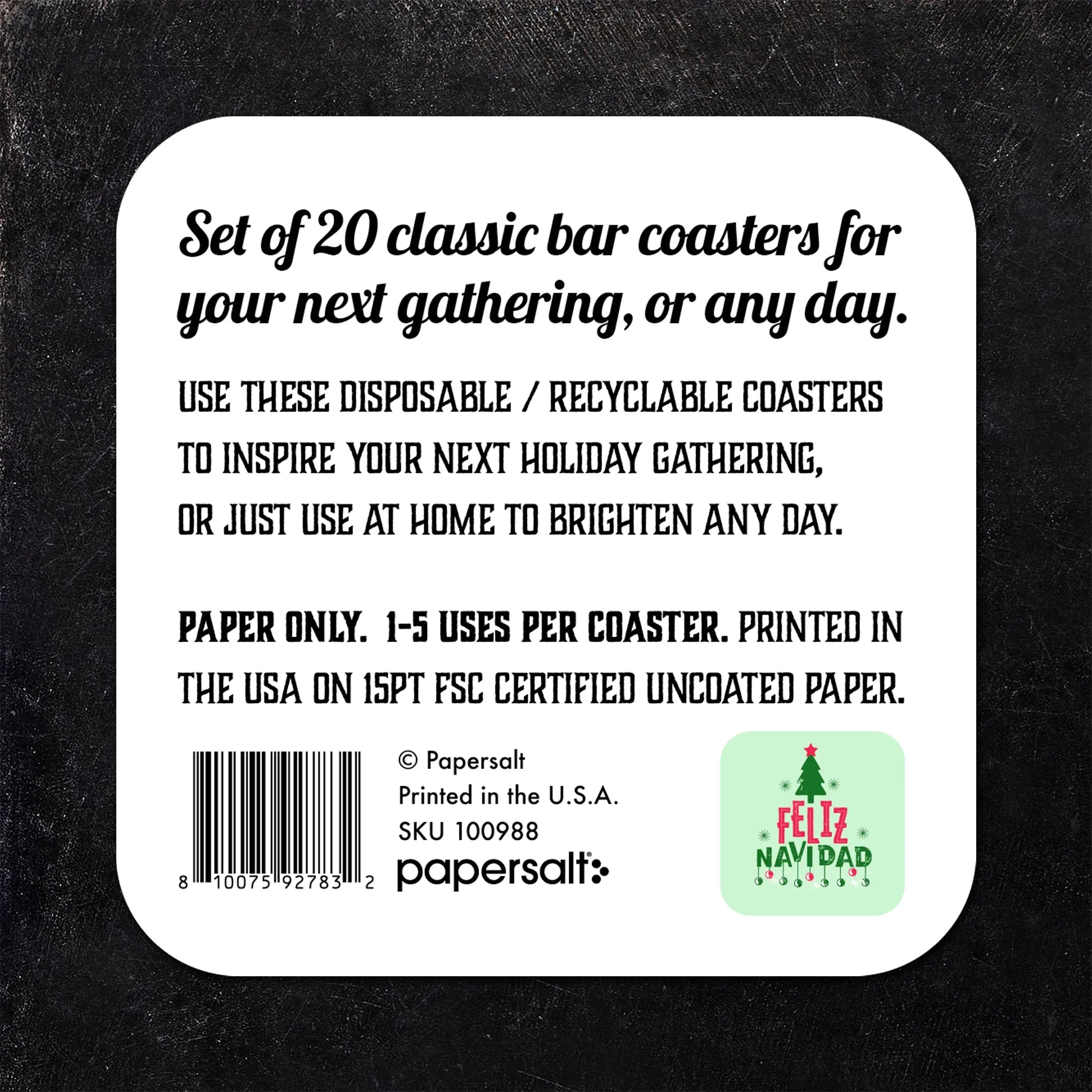 Feliz Navidad (Tree and Ornaments) Paper Coaster Set