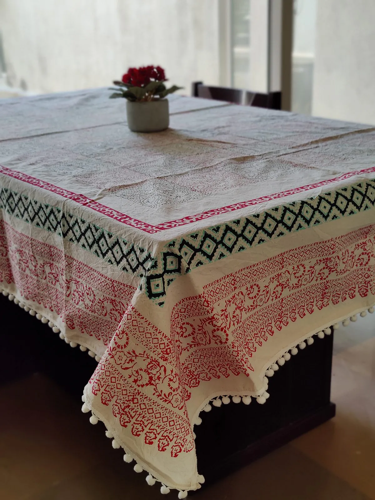 Handblock Printed Table Cover with PomPom