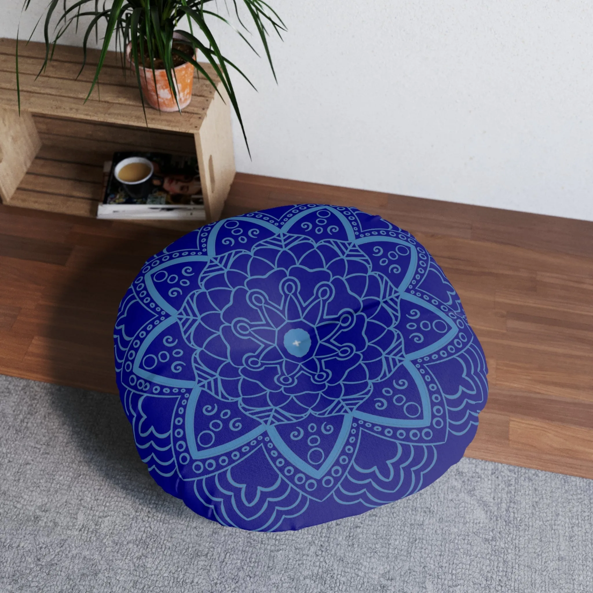 Handmade Mandala Art Floor Cushion - Steel Blue on Navy Blue - Round