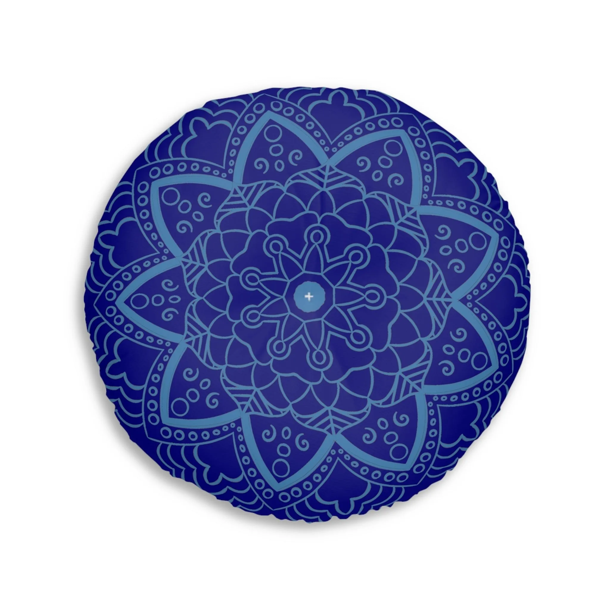 Handmade Mandala Art Floor Cushion - Steel Blue on Navy Blue - Round