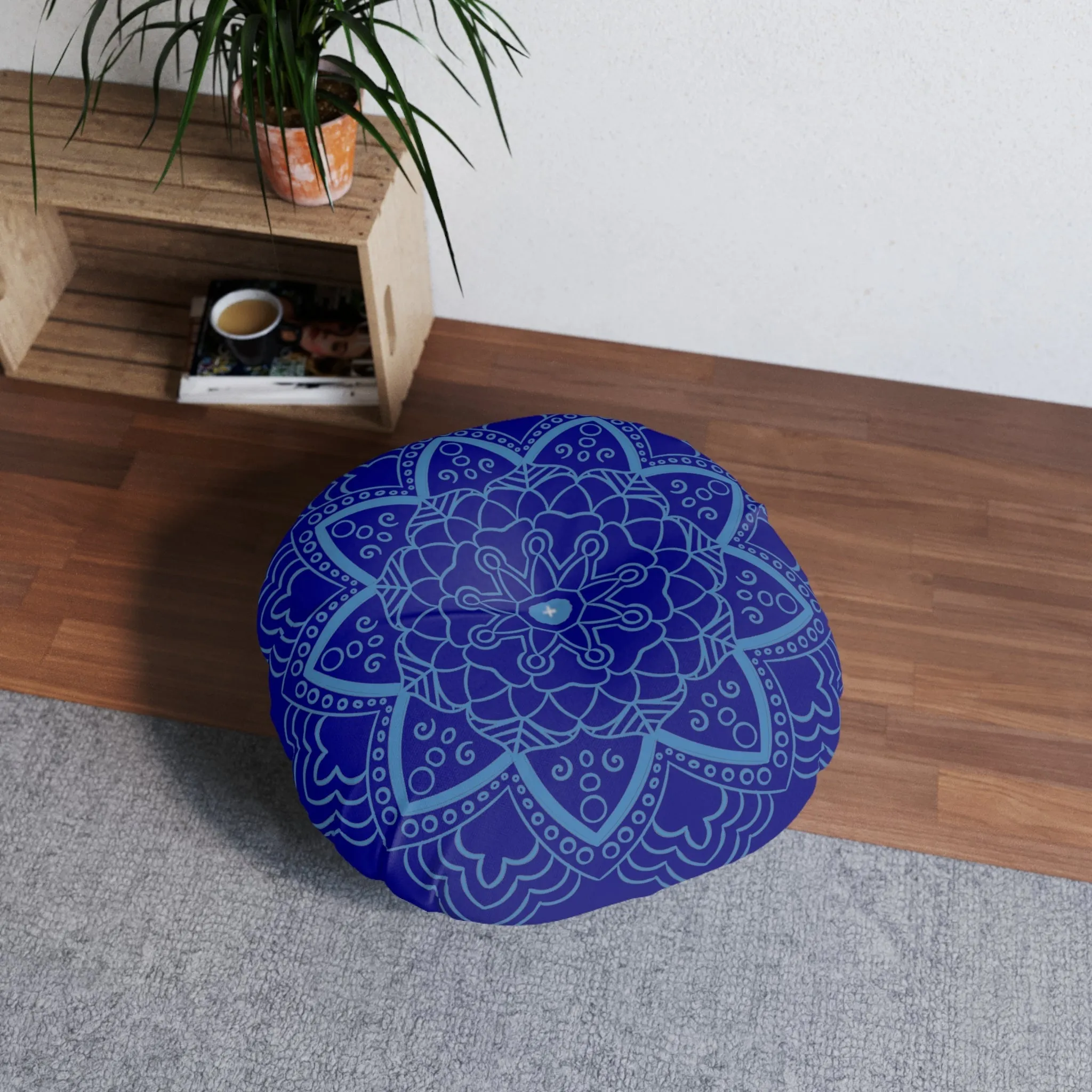 Handmade Mandala Art Floor Cushion - Steel Blue on Navy Blue - Round