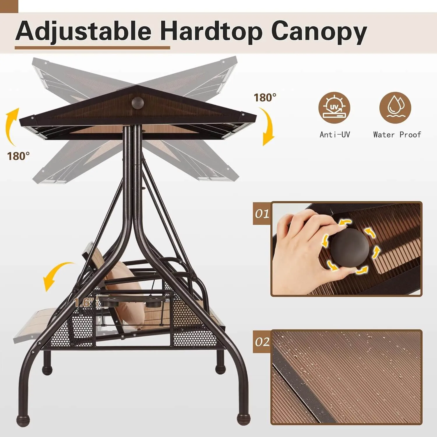 HOMREST 3-Person Outdoor Porch Swing with Adjustable Hardtop Backrest Brown