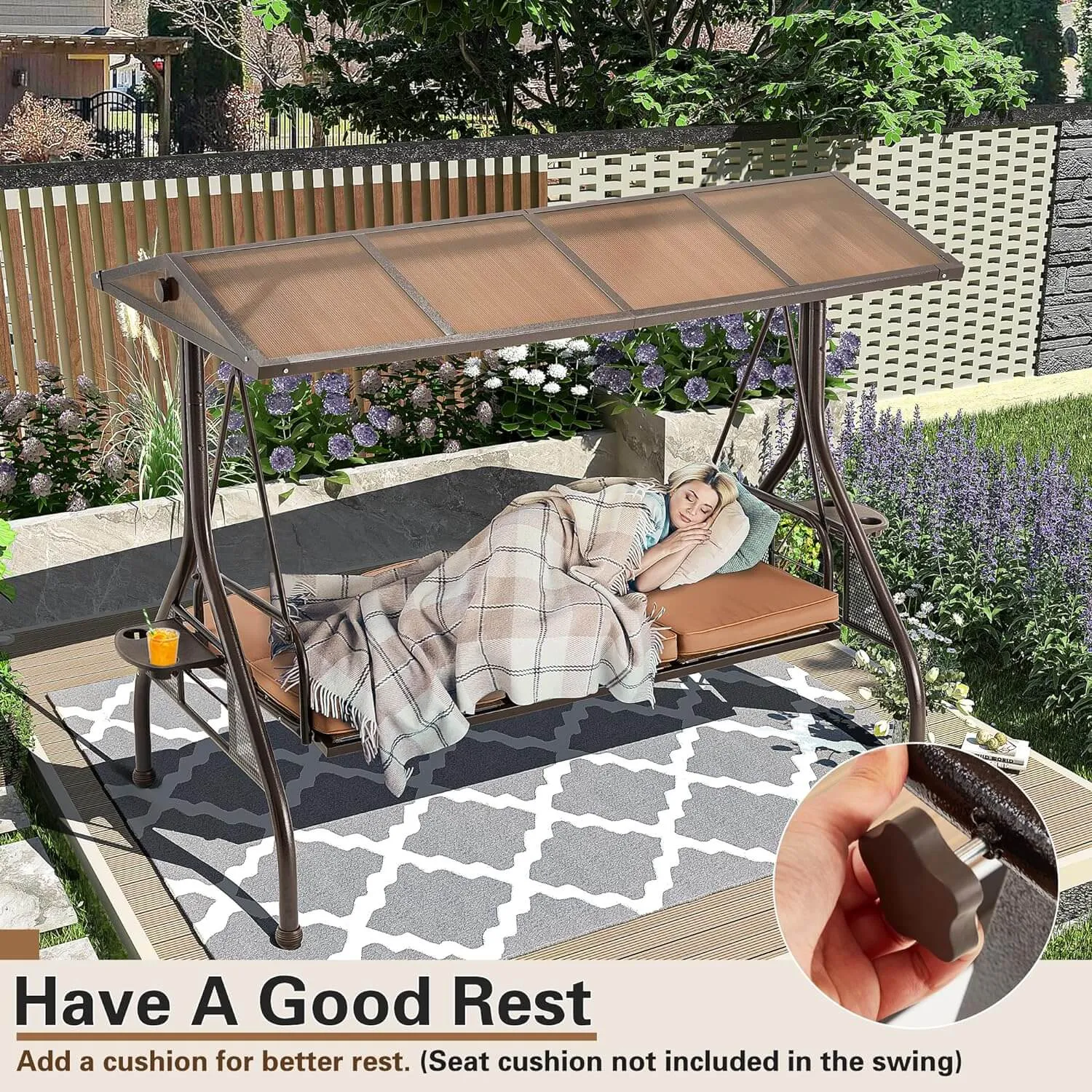 HOMREST 3-Person Outdoor Porch Swing with Adjustable Hardtop Backrest Brown