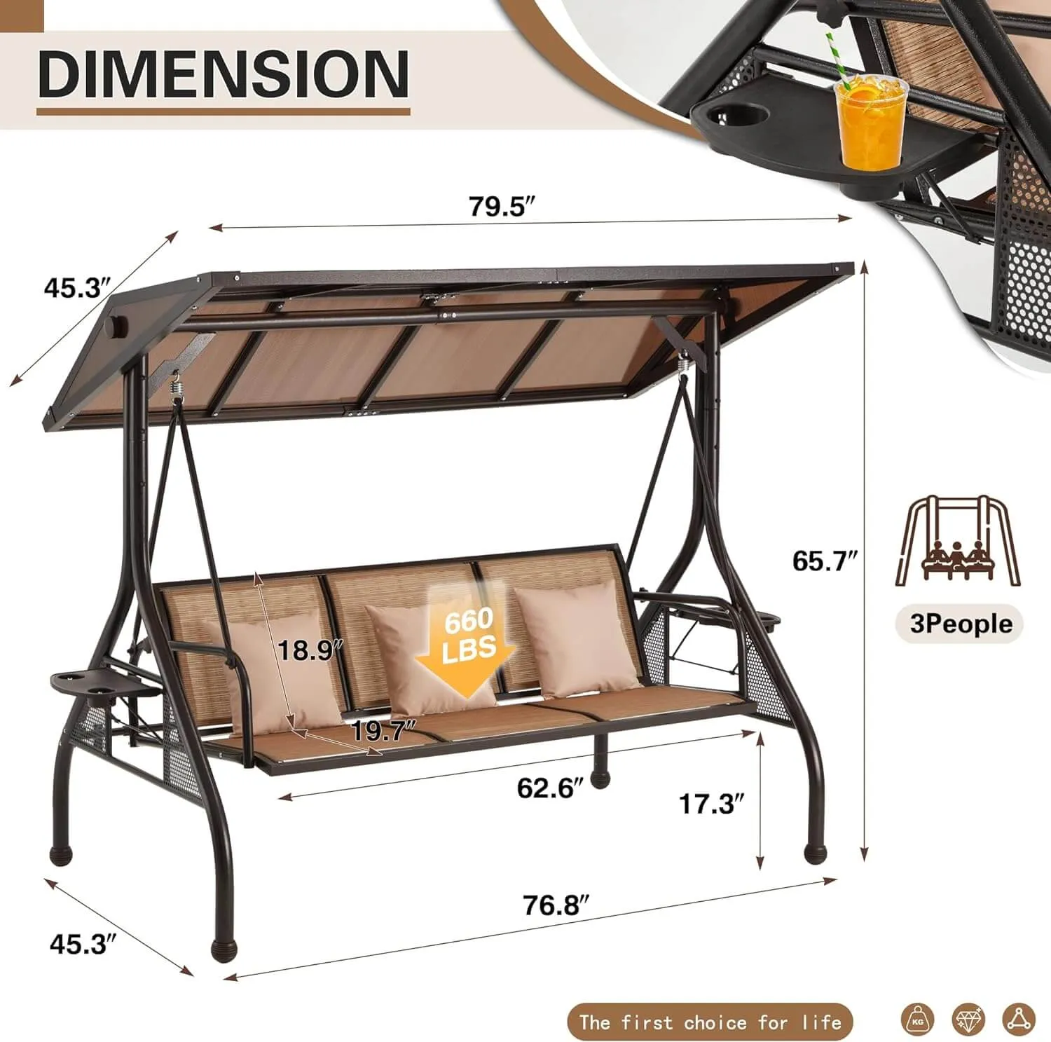 HOMREST 3-Person Outdoor Porch Swing with Adjustable Hardtop Backrest Brown