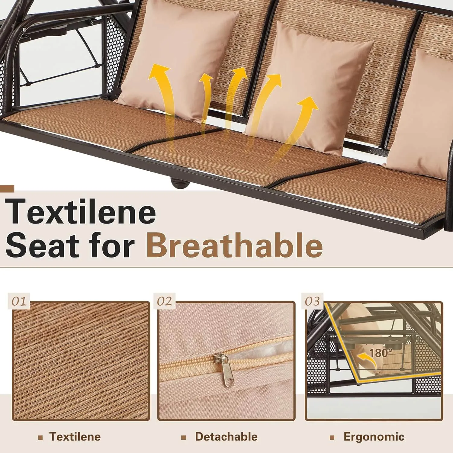 HOMREST 3-Person Outdoor Porch Swing with Adjustable Hardtop Backrest Brown