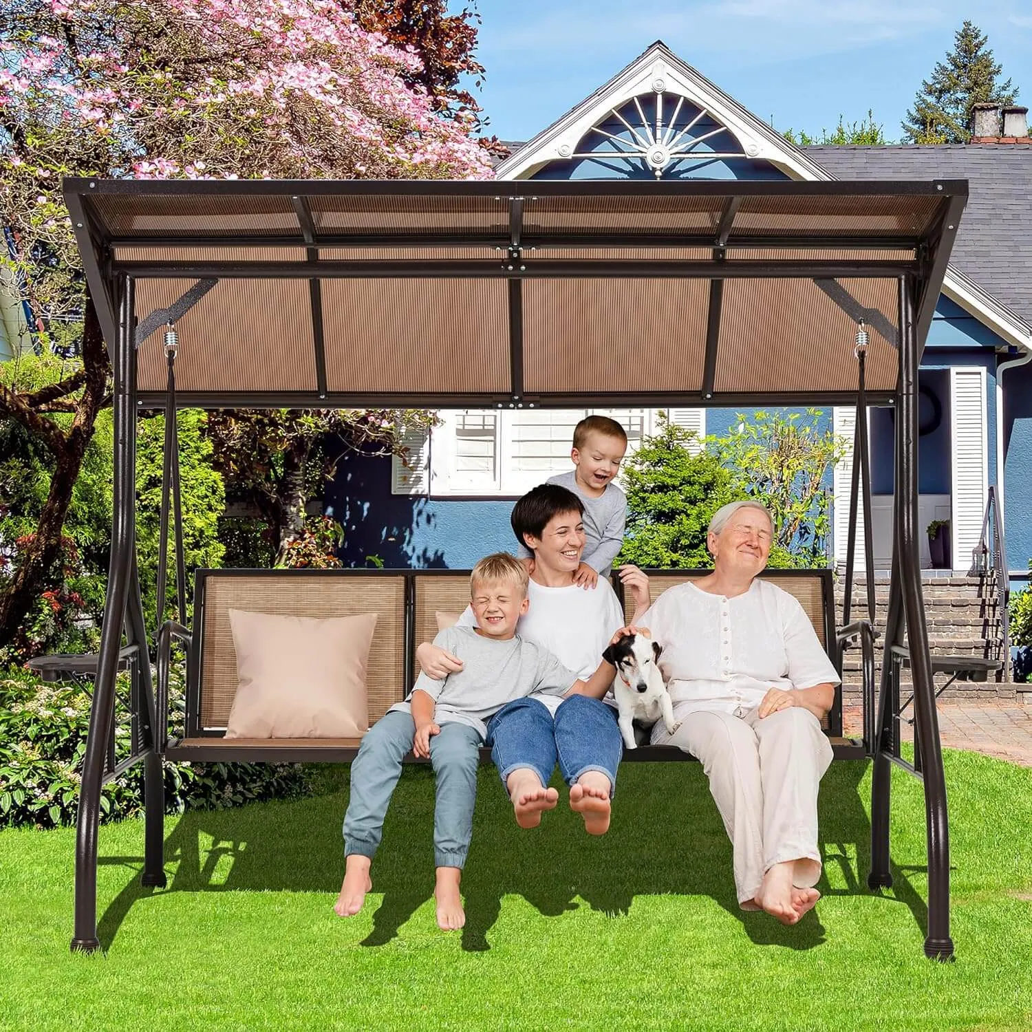HOMREST 3-Person Outdoor Porch Swing with Adjustable Hardtop Backrest Brown