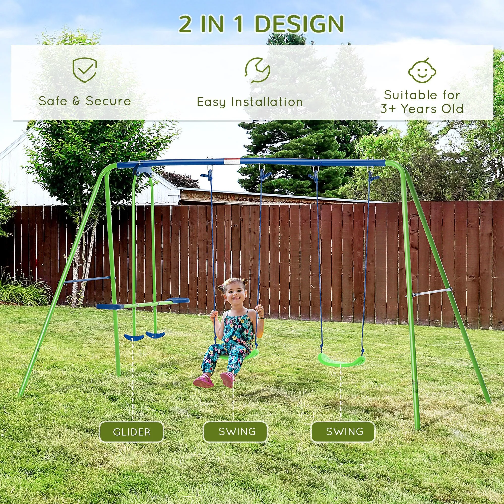 Metal Swings & Seesaw Set Double Seats with a Height Adjustable Children Outdoor Backyard Play Set for Toddlers Over 3 Years Old, Green