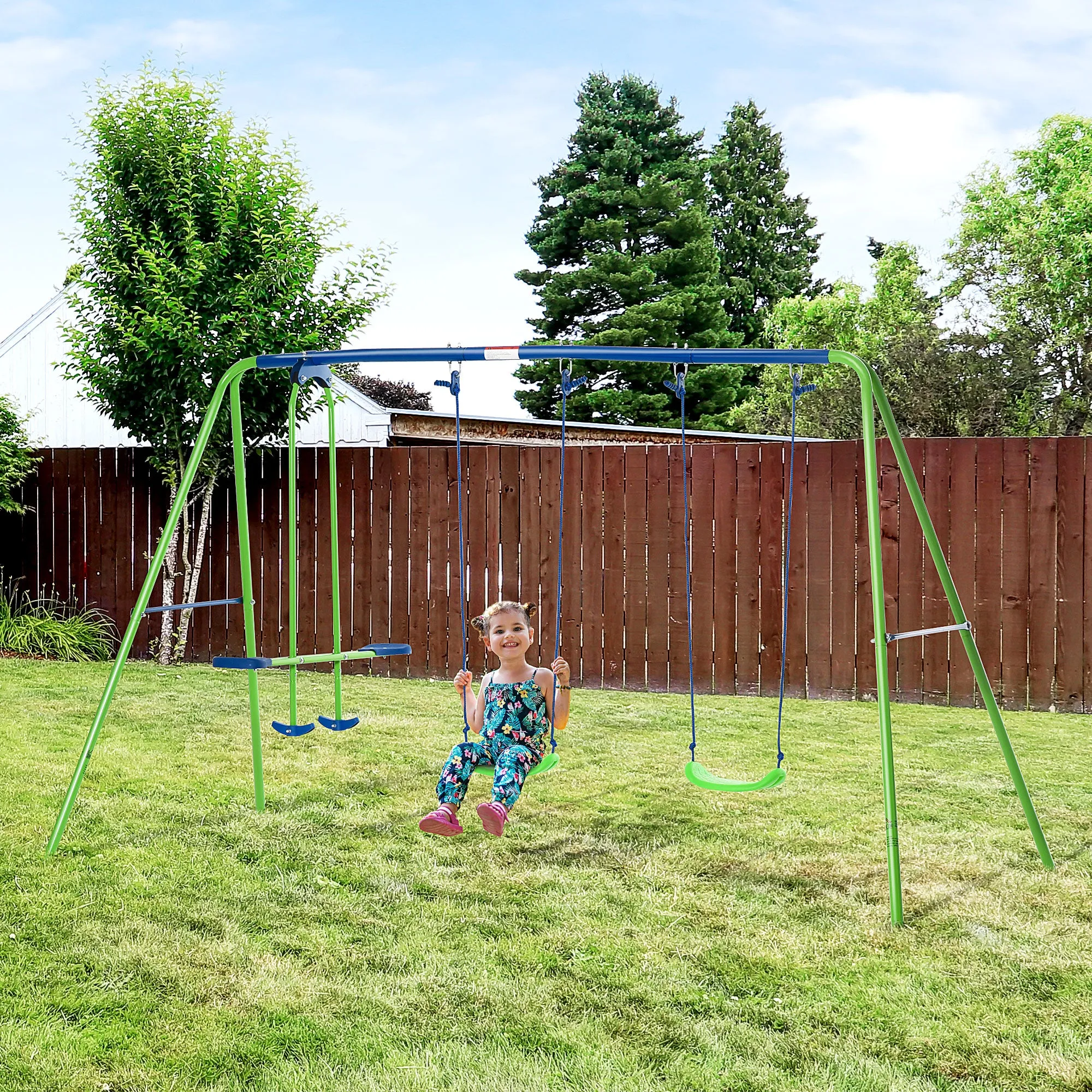Metal Swings & Seesaw Set Double Seats with a Height Adjustable Children Outdoor Backyard Play Set for Toddlers Over 3 Years Old, Green
