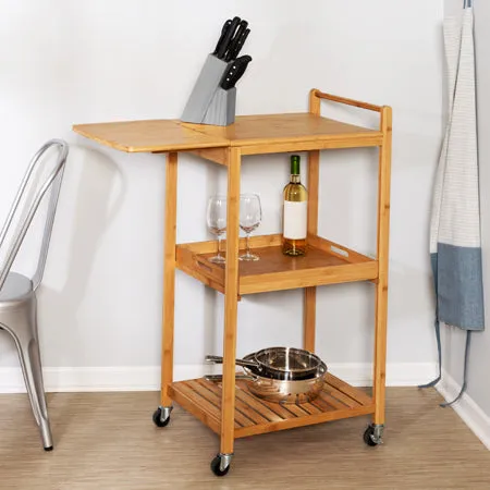 Natural Bamboo 38-Inch Kitchen Cart with Drop-Leaf