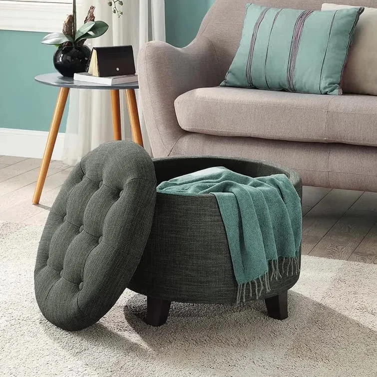Nicole Round Shape Fabric/Leatherette Ottoman Pouffe Puffy