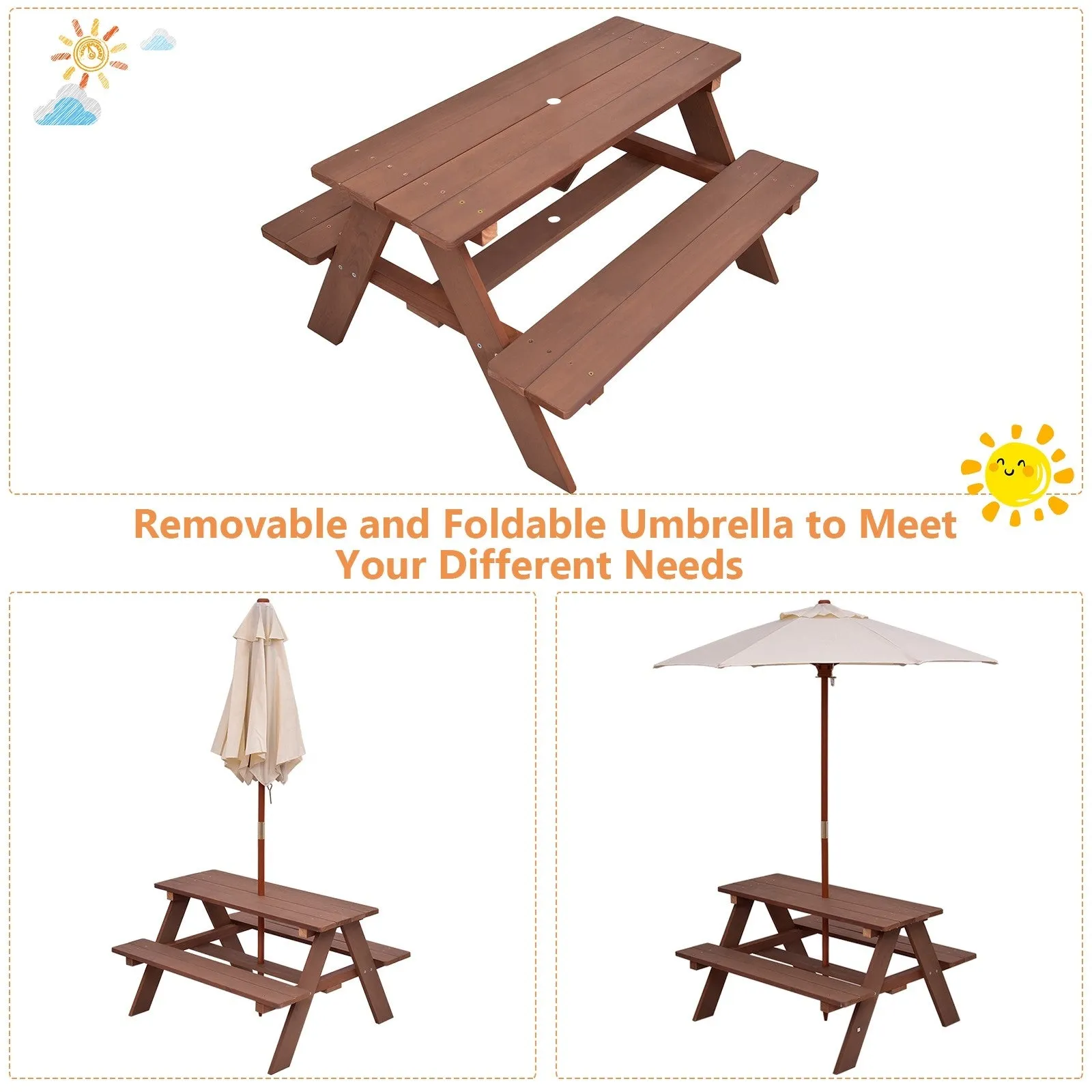 Outdoor 4-Seat Kid's Picnic Table Bench with Umbrella - Brown