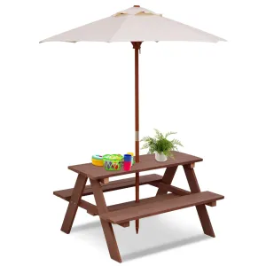 Outdoor 4-Seat Kid's Picnic Table Bench with Umbrella - Brown