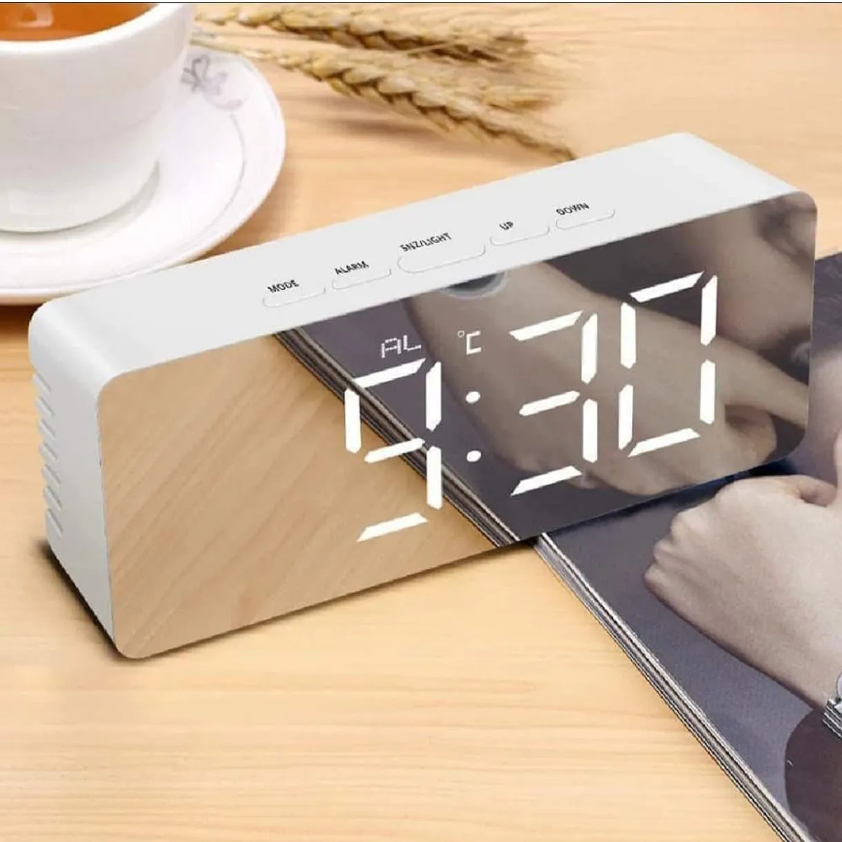 Rectangle LED Smart Night Light Digital Alarm Clock with Temperture Display Fuction for Home Office Living Room Mirror Finish Desk and Shelf Clocks (White)