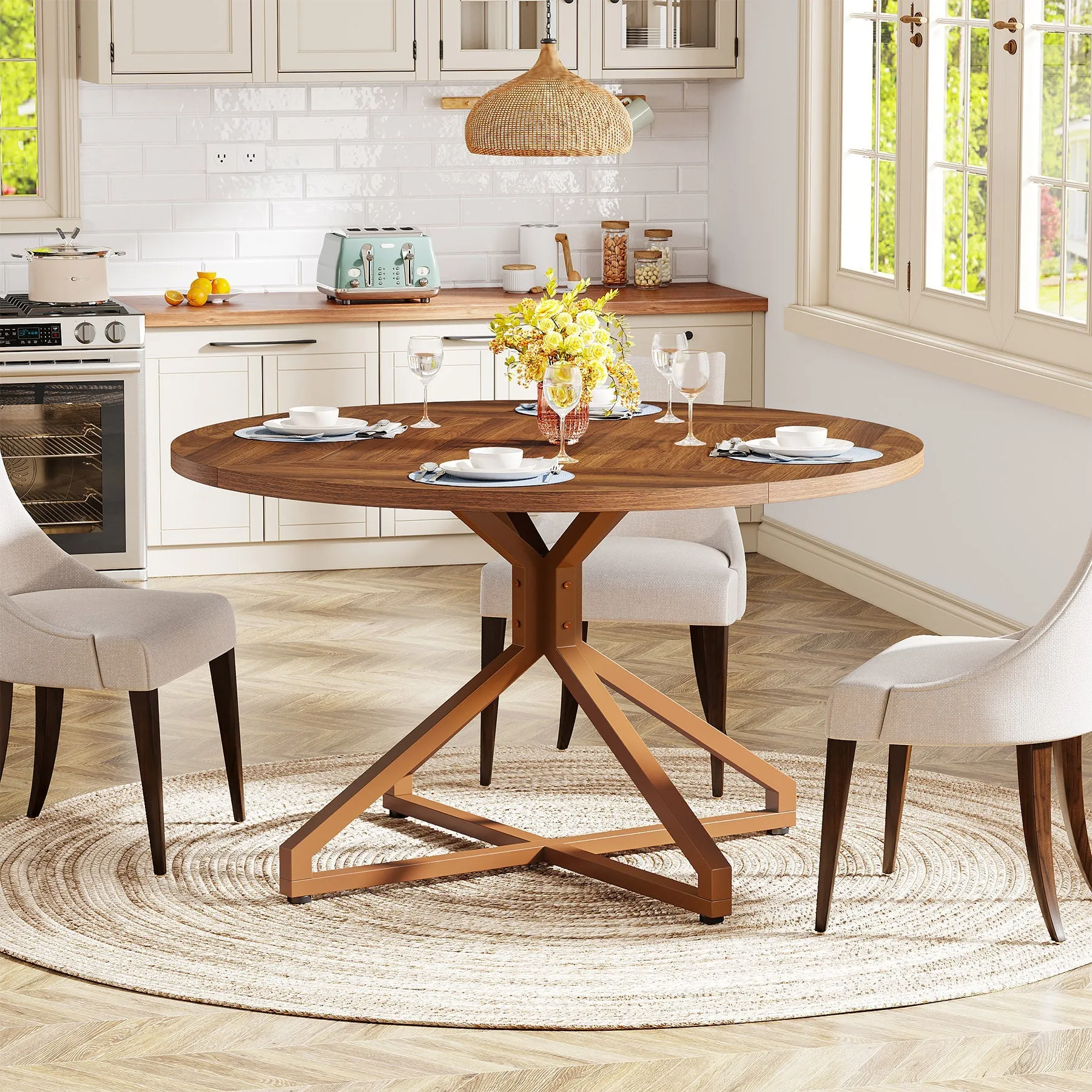 Round Dining Table, 47" Circle Kitchen Table for 4-6 People