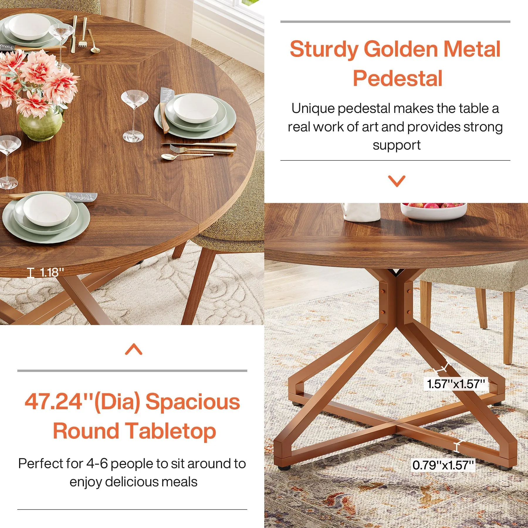 Round Dining Table, 47" Circle Kitchen Table for 4-6 People