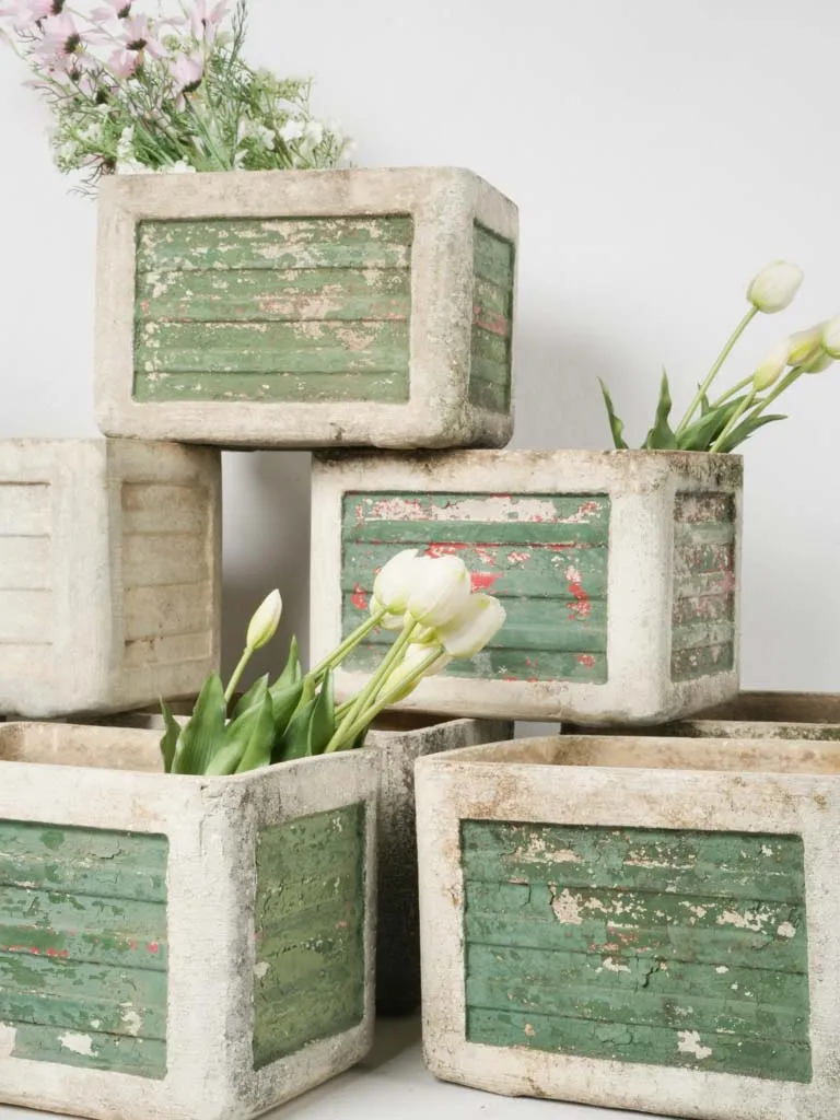 Set of Nine Small Vintage Rectangular Planters w/ Weathered Green Patina