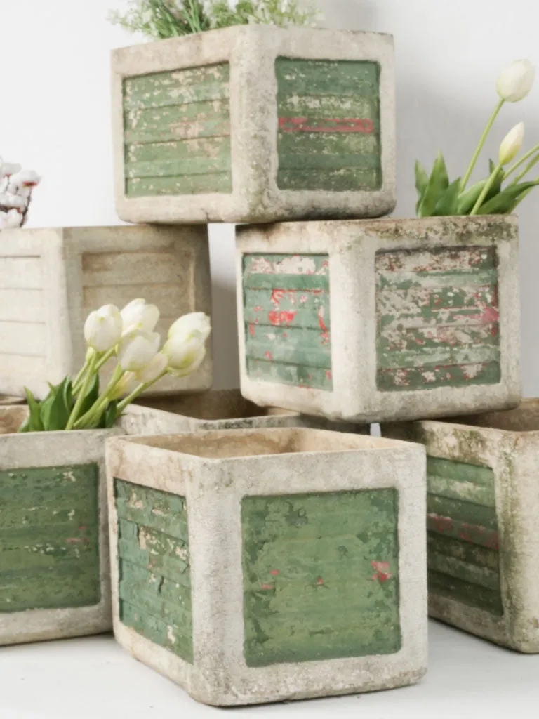 Set of Nine Small Vintage Rectangular Planters w/ Weathered Green Patina