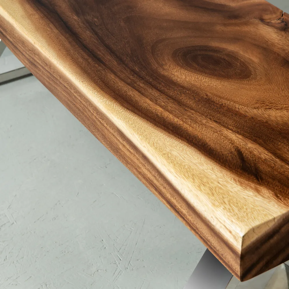 Suar Live Edge Wood Bench with Chrome X-shaped Legs/Natural