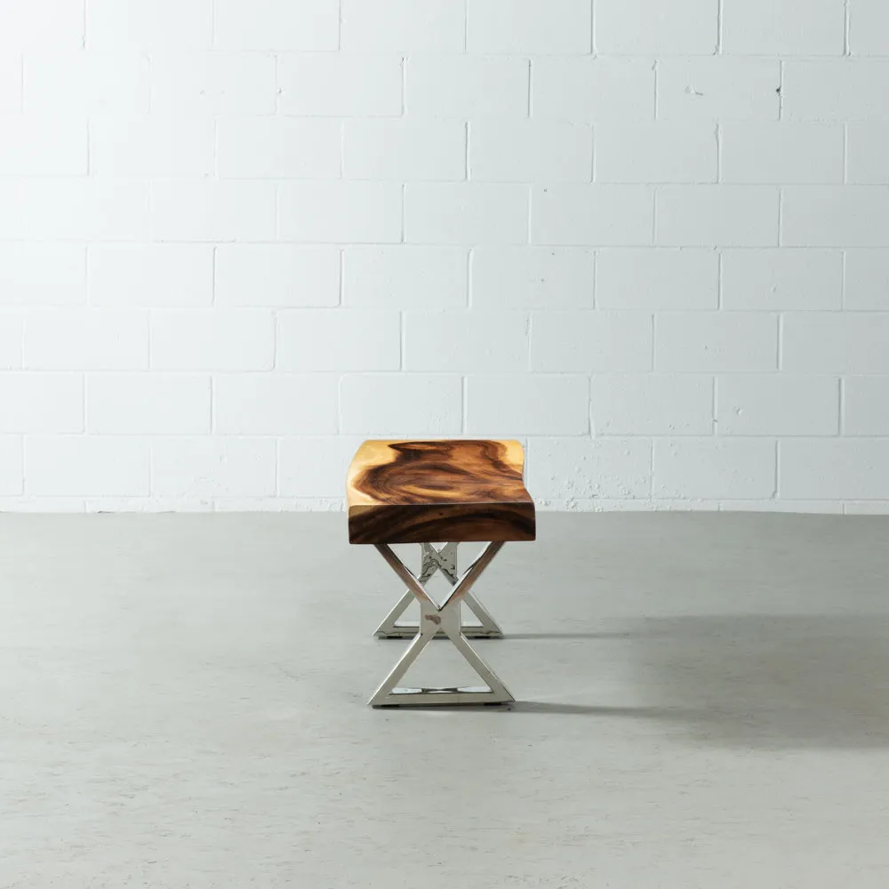 Suar Live Edge Wood Bench with Chrome X-shaped Legs/Natural