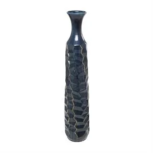 Teal Ceramic Tall Geometric Floor Vase with Gold Accents -  9" X 9" X 48"