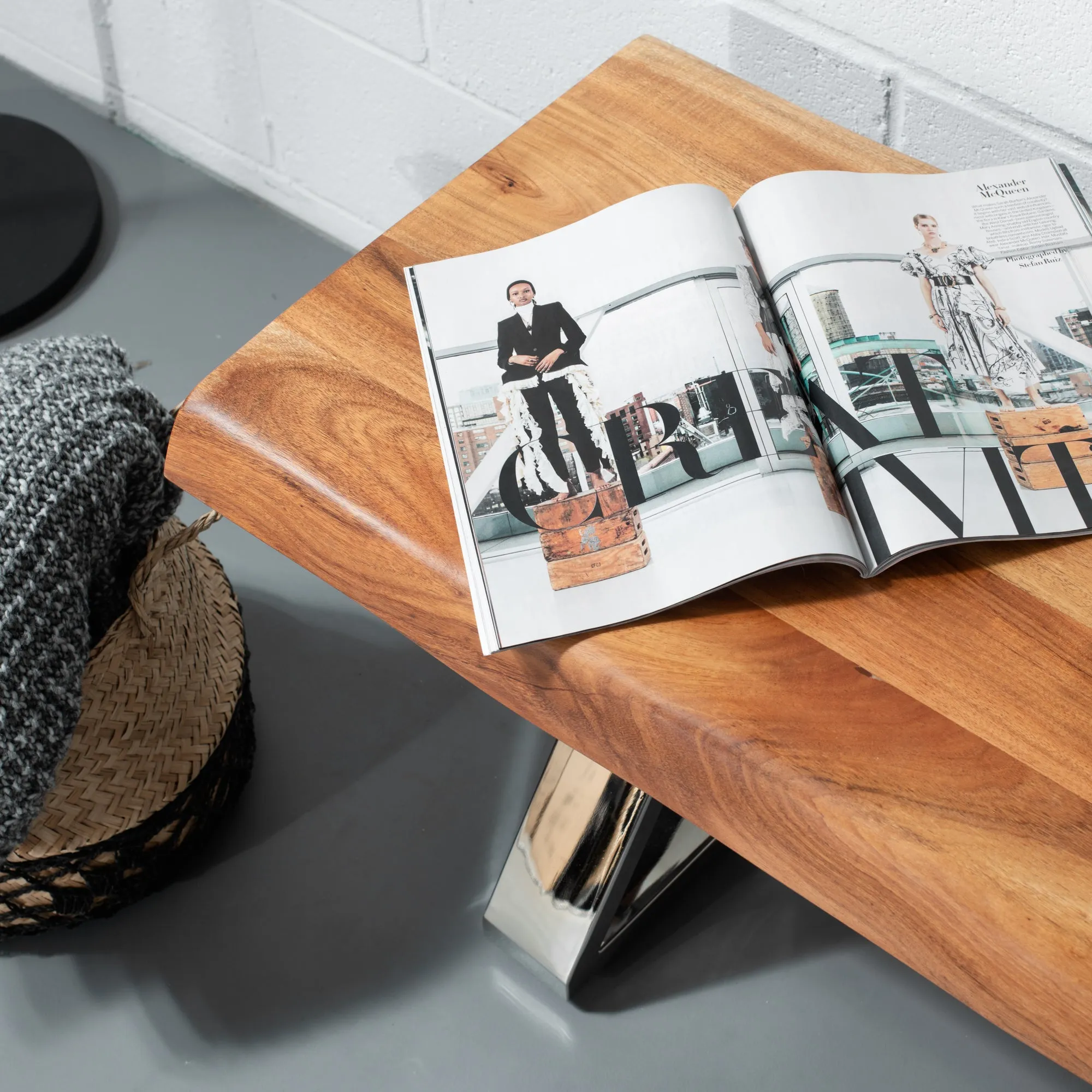 TIME - Acacia Live Edge Bench Hourglass Chrome
