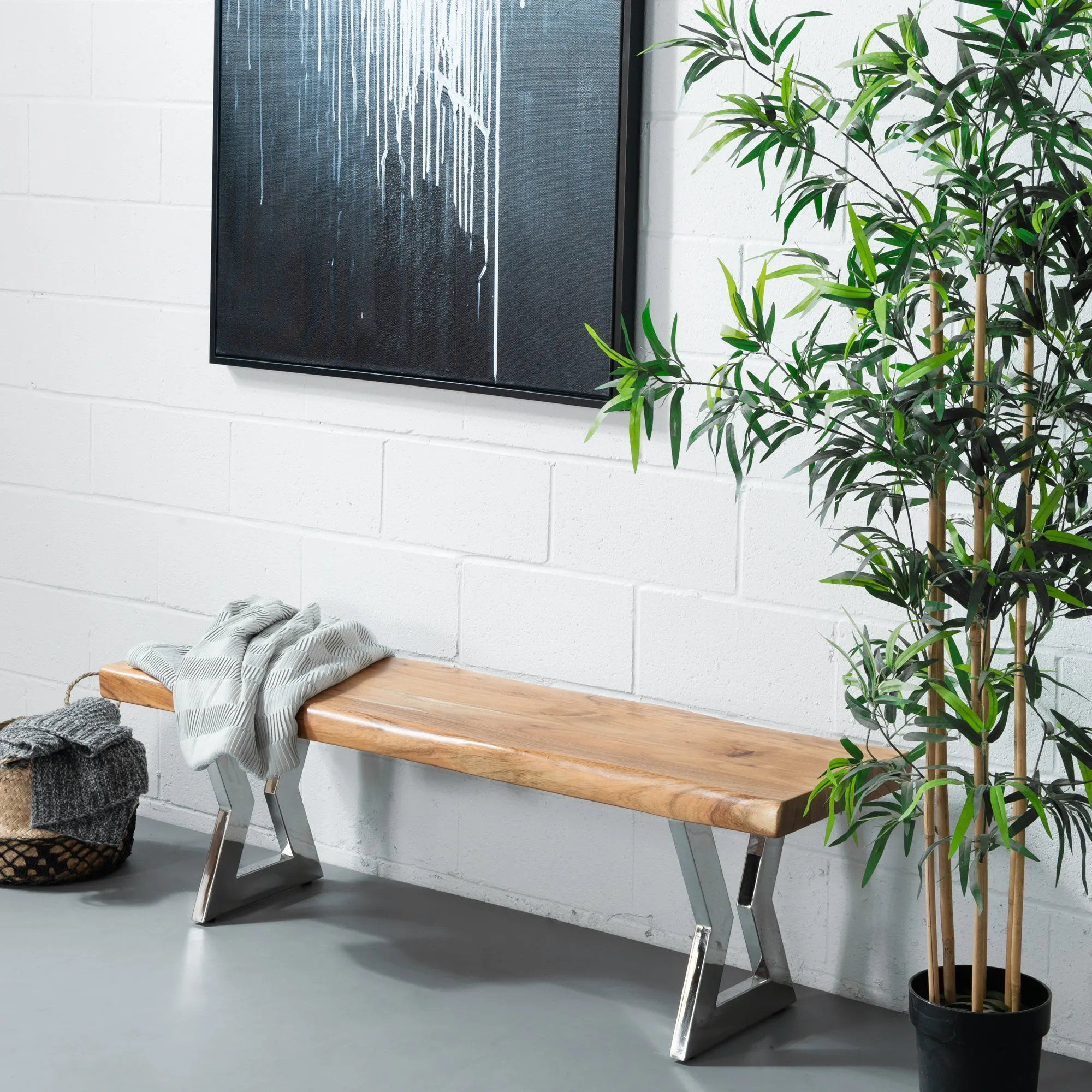 TIME - Acacia Live Edge Bench Hourglass Chrome