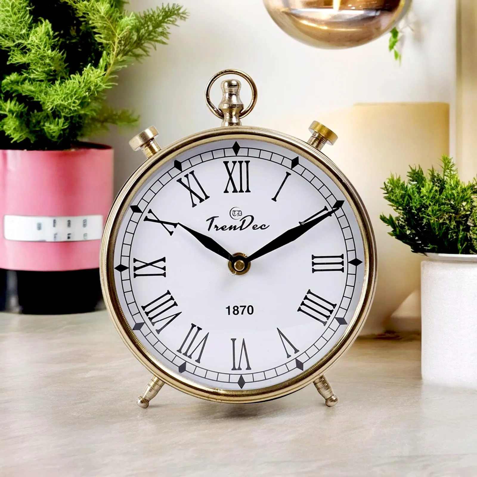 TrenDec Metal Finish 5" Height Analog Table Clock in Gold Finish | Table Analog Clock for Bedroom Office Desk | Kitchen (Golden Vintage-Dia: 5 Inch Height) Analog Table Clock