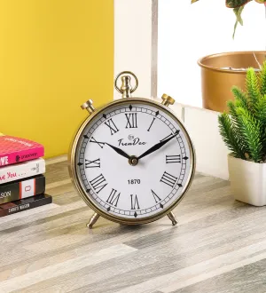 TrenDec Metal Finish 5" Height Analog Table Clock in Gold Finish | Table Analog Clock for Bedroom Office Desk | Kitchen (Golden Vintage-Dia: 5 Inch Height) Analog Table Clock