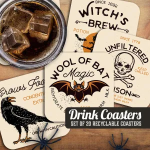 Witch, Poison, Bat, Crow Assorted Halloween Coaster Set