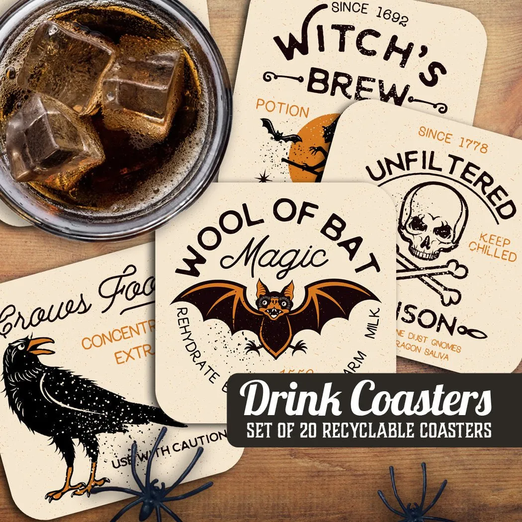 Witch, Poison, Bat, Crow Assorted Halloween Coaster Set